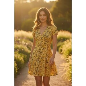 Maison Jules Yellow Floral‎ Midi Dress Short Sleeve V-Neck Size 8